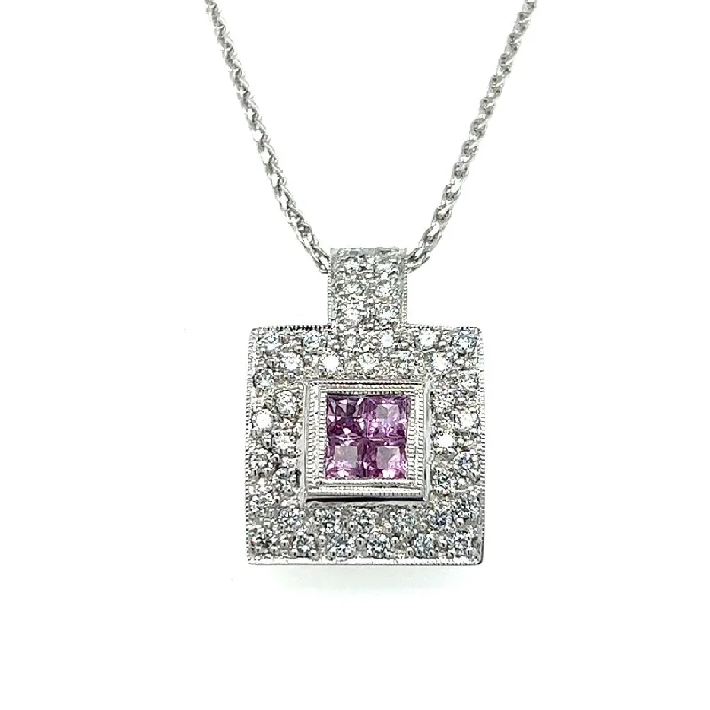 Elegant chain necklace for women-Estate 18K White Gold Pink Sapphire & Diamond Cluster Halo Necklace