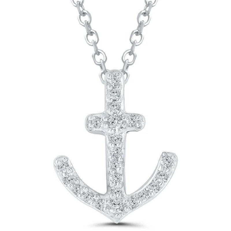 Vintage pearl necklace for women-Sterling Silver 0.10ctw Round Diamond Anchor Pendant Necklace