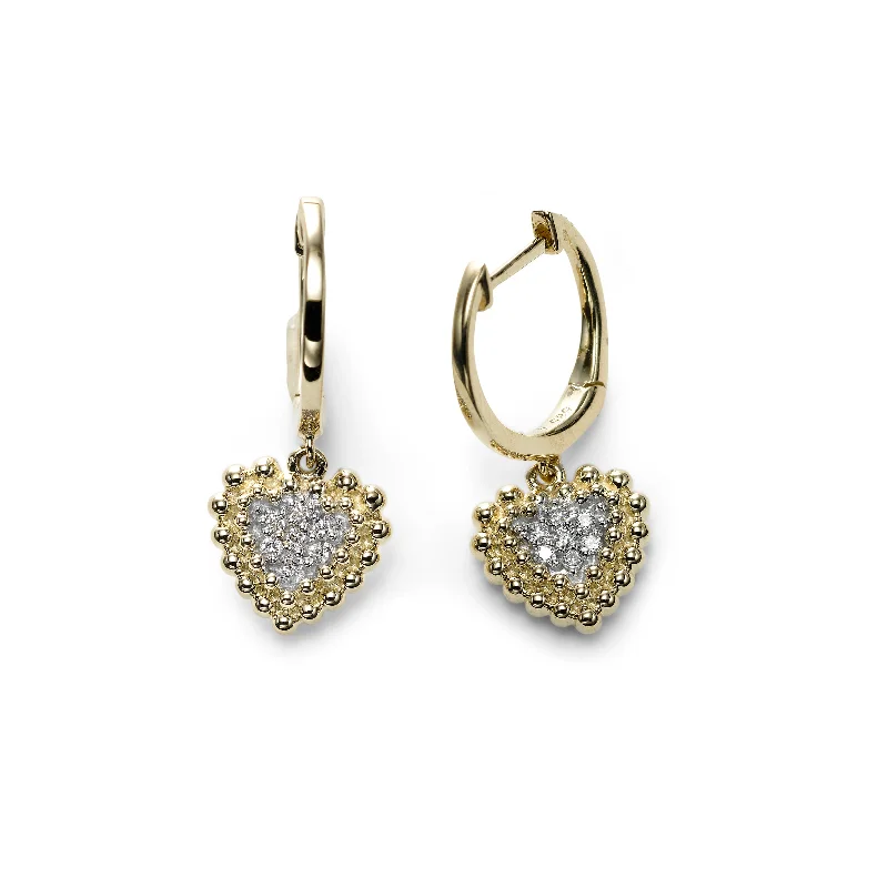 Engagement rings with diamonds and sapphires for women-Pavé Diamond Heart Dangle Hoops, 14K Yellow Gold