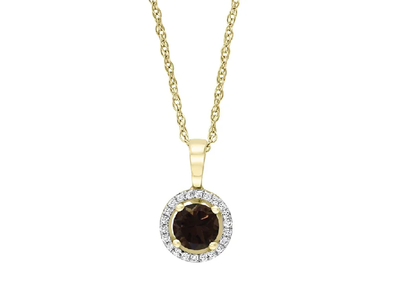 Birthstone necklace for women-14K Yellow Gold 0.52ctw Round Smoky Quartz & Diamond Halo Necklace