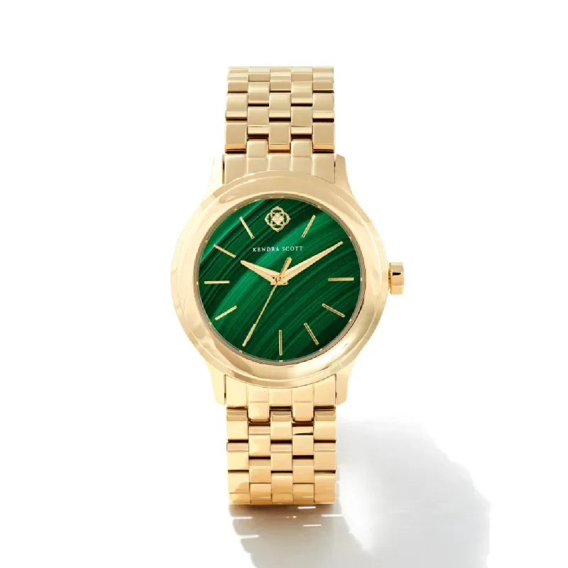 Slim wristwatches-Kendra Scott | Alex Gold Tone Stainless Steel 35mm Watch in Green Malachite