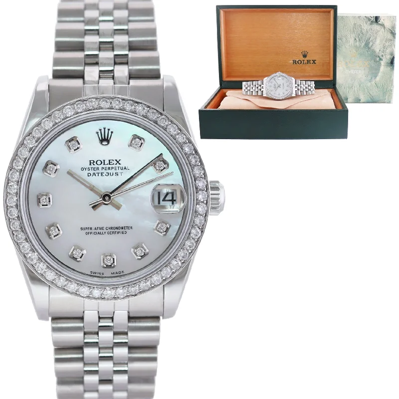 Fashionable wristwatches for women-DIAMOND Pearl Ladies Rolex Midsize 31mm Datejust Jubilee Steel 68240 Watch