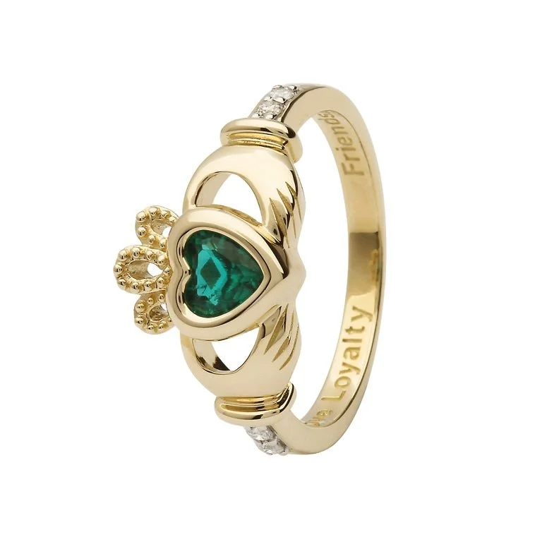 Engagement rings for petite hands for women-14K Gold Claddagh May Birthstone Ring Emerald and Diamonds - 14L90E