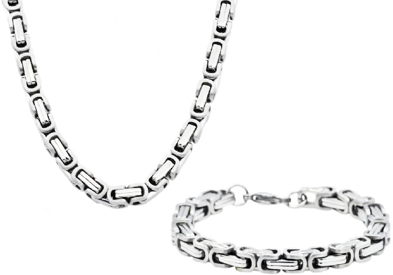 Big statement necklace for women-Mens Stainless Steel Byzantine Link Chain Set