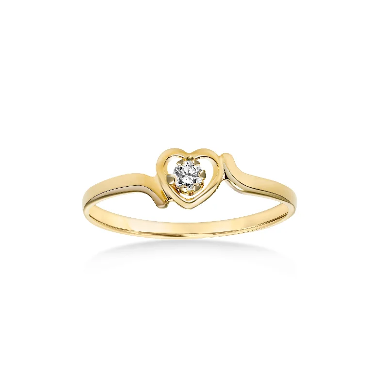 Diamond engagement rings with accents for women-Tiny Heart Design Ring with Diamond Center, 14K Yellow Gold