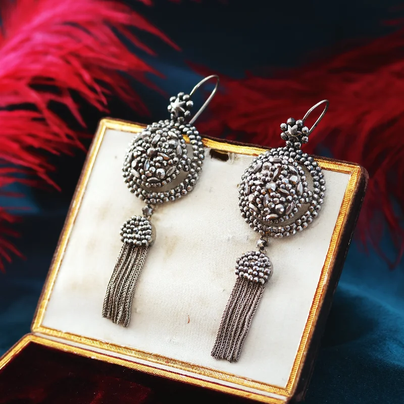 Heart earrings for women-Quite Splendid!! Antique Tasselled Hand Cut Steel Earrings