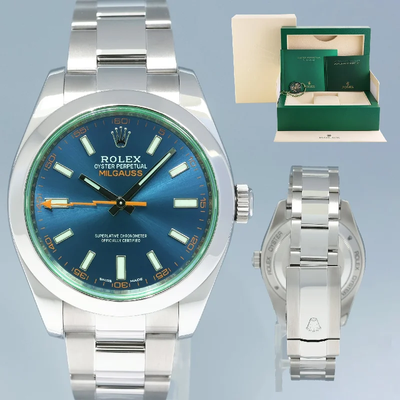 Sports wristwatches for running-MINT 2020 Rolex Milgauss Blue Anniversary Green 116400GV Steel 40mm Watch Box