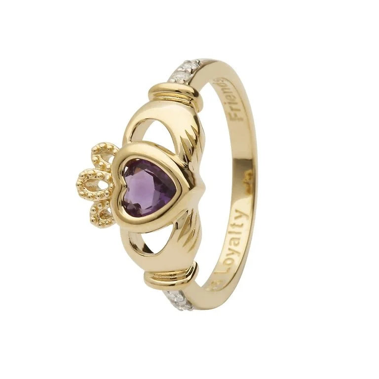 Engagement rings with halos for women-14K Gold Claddagh June Birthstone Ring Genuine Light Amethyst and Diamonds - 14L90LA