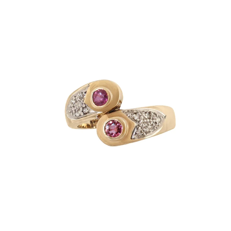 Rose gold engagement rings for women-9 kt Yellow Gold Tube set Ruby and Pave Diamond Crossover Ring