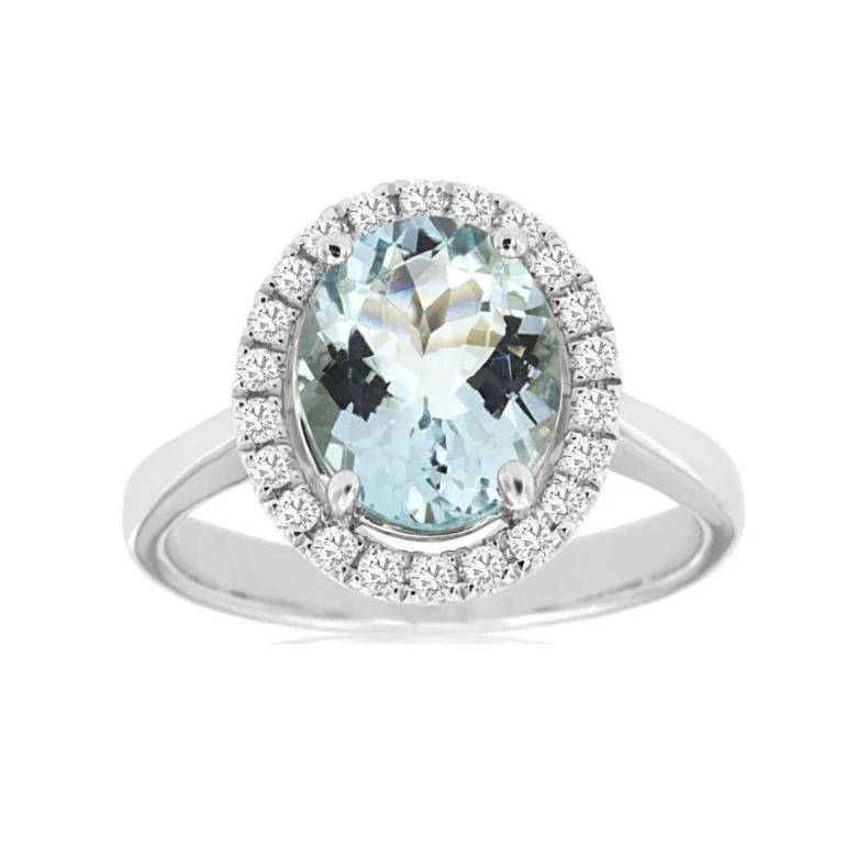 Engagement rings for petite hands for women-14 Karat White Gold 2 1/4 Carat Aquamarine and Diamond Halo Ring