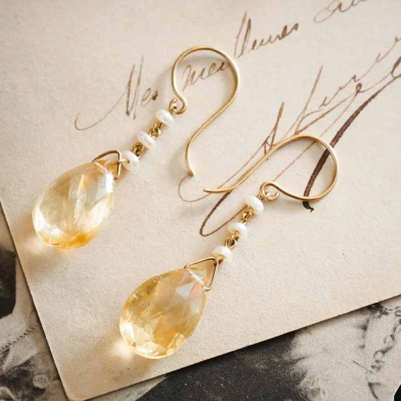 Simple hoop earrings for women-Antique Edwardian Citrine & Natural Pearl Earrings