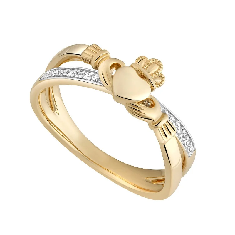 Engagement rings with side stones for women-14K Gold Diamond Claddagh Crossover Ring - S21065