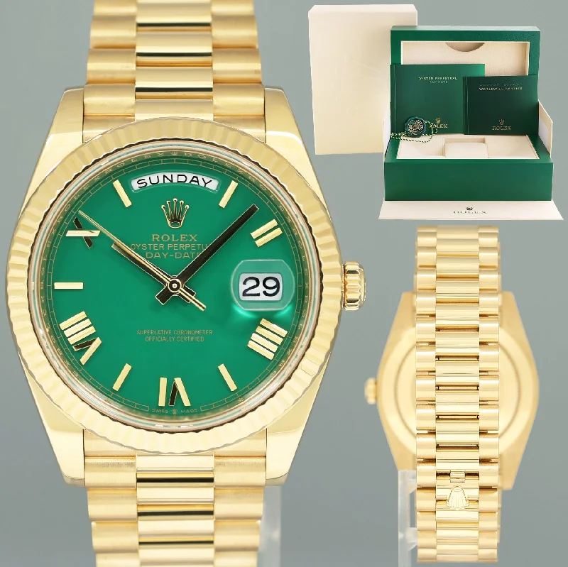 Designer luxury wristwatches for men-2020 MINT Rolex Day-Date 40 President 228238 Green Enamel Roman Gold Watch Box