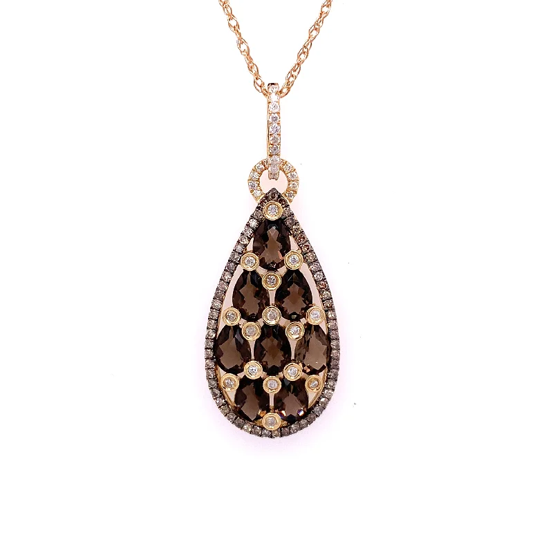 Gemstone necklace for women-Smoky Quartz and Diamond Pendant in Yellow Gold