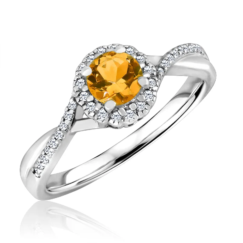 Heart-shaped engagement rings for women-Citrine and Diamond Halo November Birthstone Ring in Sterling Silver