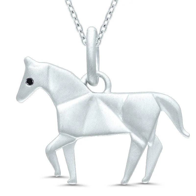 Birthstone charm necklace for women-Sterling Silver Black Diamond Origami Horse Necklace