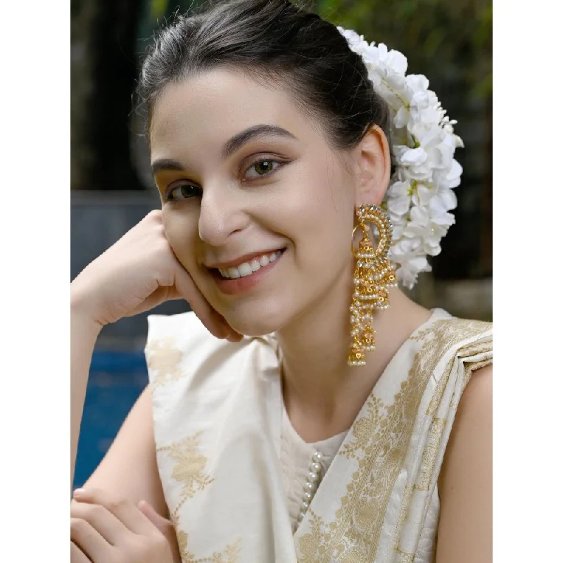 Chunky earrings for women-Odette Women Round And Half- Moon Ornate Kundan-Pearl Peach Earrings With Jhumkas