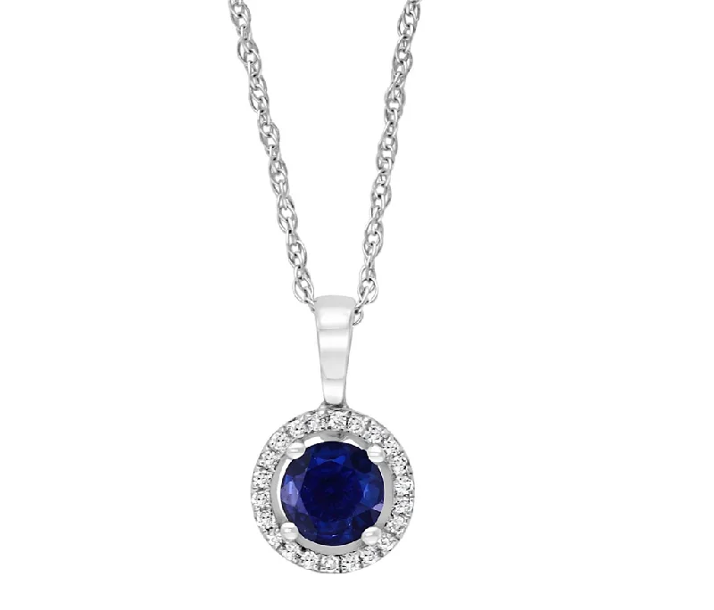 Heart necklace for women-14K White Gold 0.72ctw Round Blue Sapphire & Diamond Halo Necklace