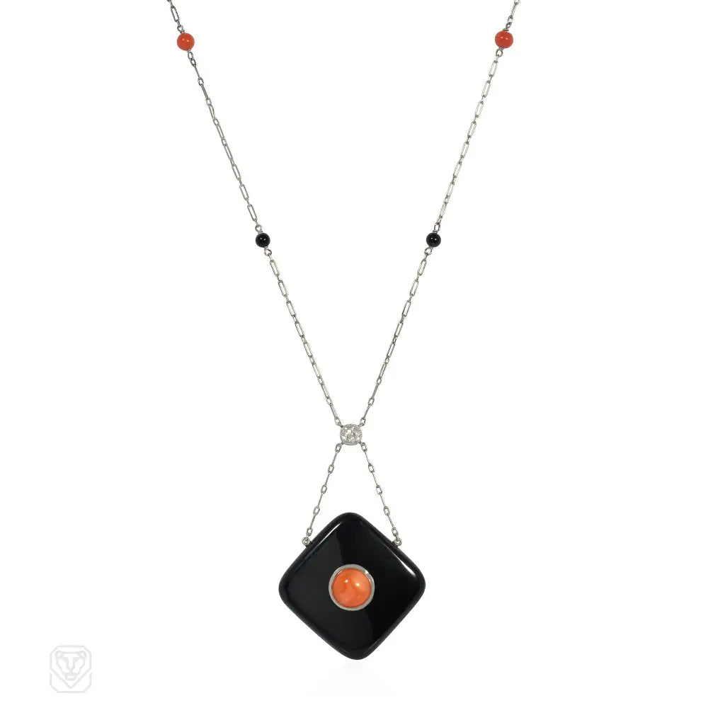 Custom gold necklace for women-Art Deco onyx, coral, and diamond pendant necklace