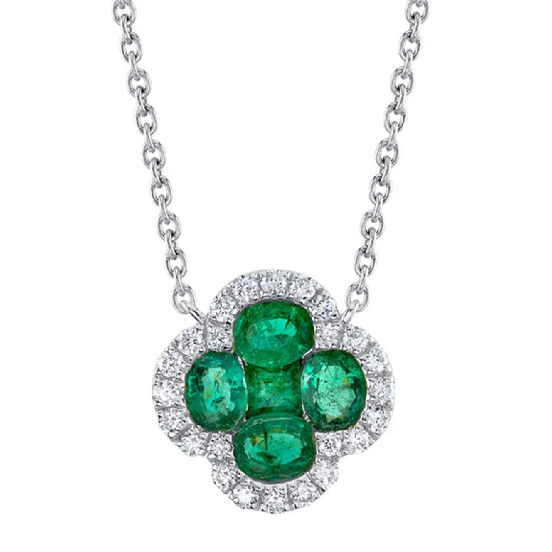 Romantic love necklace for women-14K White Gold 0.81ctw Emerald & Diamond Halo Clover Necklace by Shy Creation