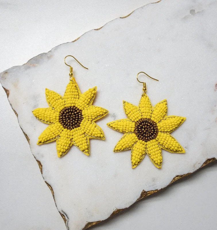 Everyday earrings for women-Beaded Earrings, Dangly Sunflowers