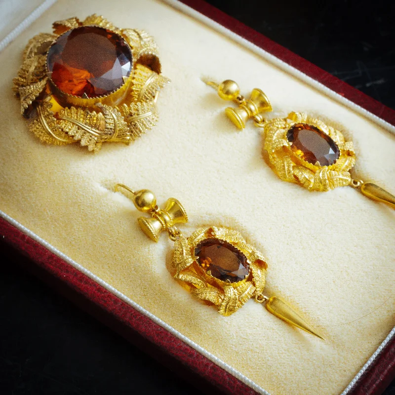 Bar earrings for women-Pristine Victorian Gold Work Citrine Earrings & Brooch