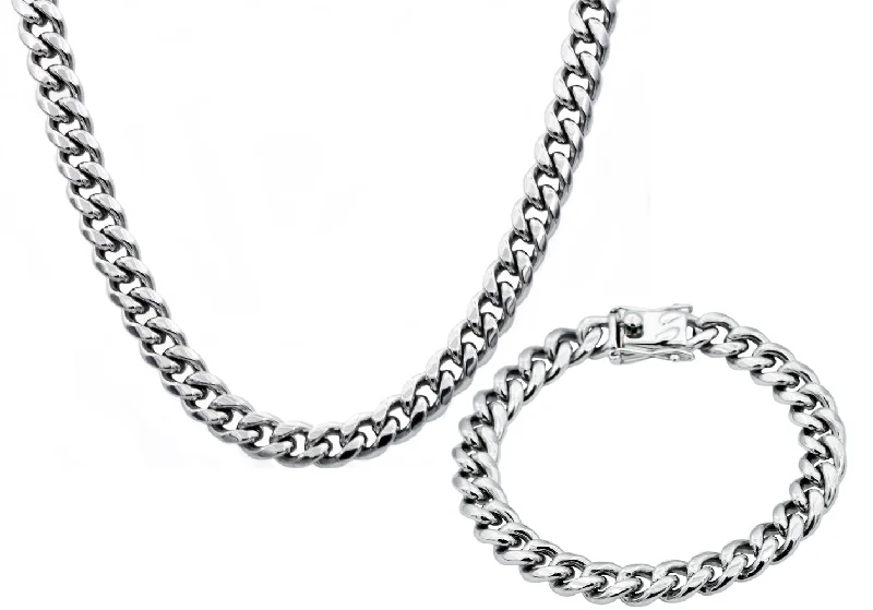 Simple necklace for women-Mens 10mm Stainless Steel Cuban Link Chain With Box Clasp Set