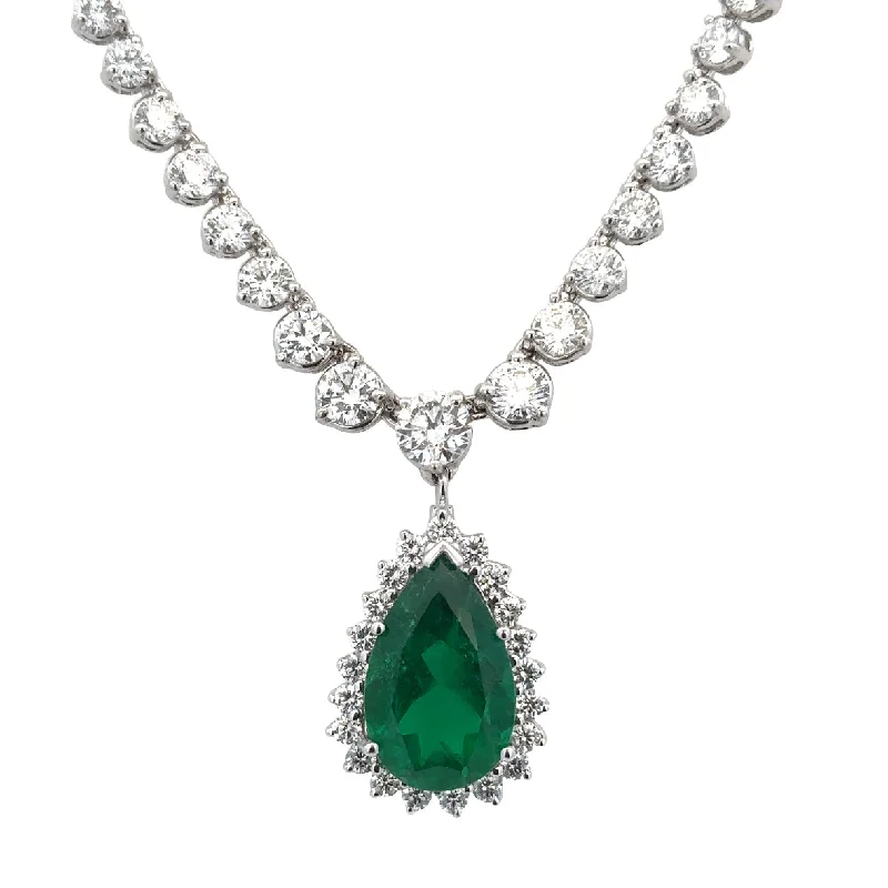 Casual necklace for women-Magnificent 5.81 Pear Cut Colombian Emerald and Diamond Necklace in White Gold