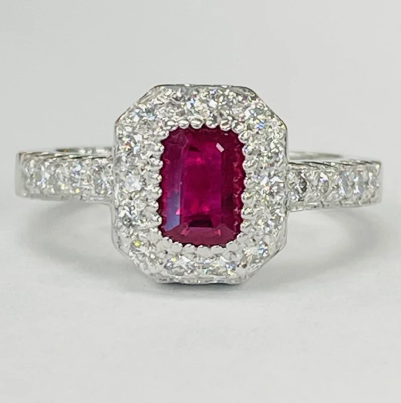 Engagement rings for small hands for women-White Gold Emerald Cut Ruby Diamond Halo Estate Ring