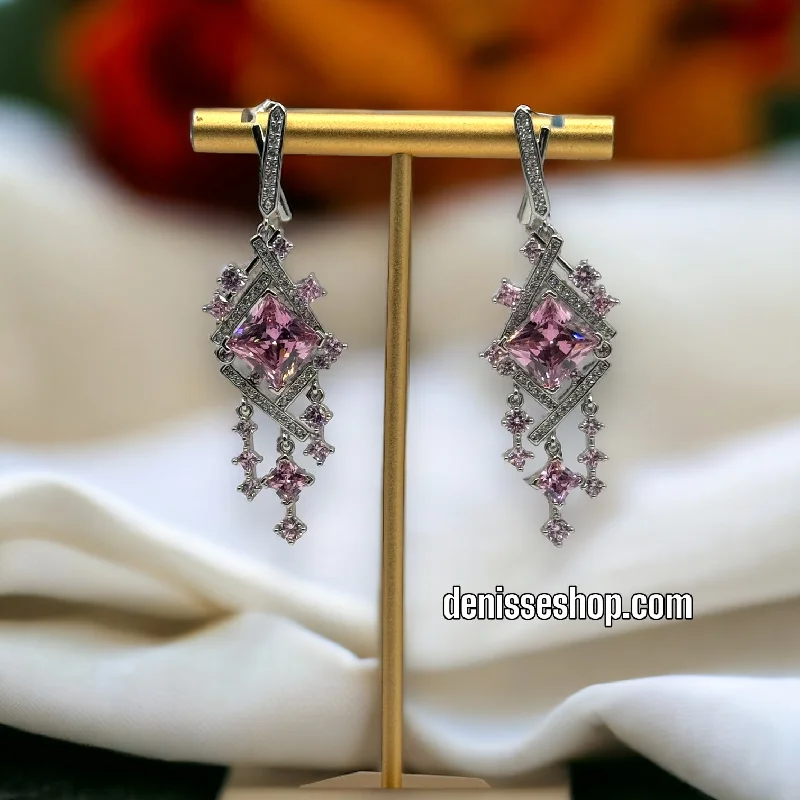 Boho earrings for women-Silver Pink Stone Earrings E335