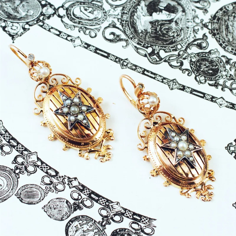 Chic drop earrings for women-Antique French 'Night & Day' 18ct Gold Pearl Earrings