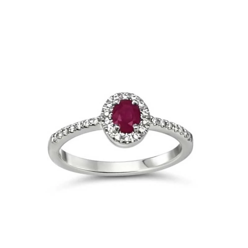 Engagement rings with white sapphires for women-Oval Ruby and Diamond Halo Ring, 14K White Gold