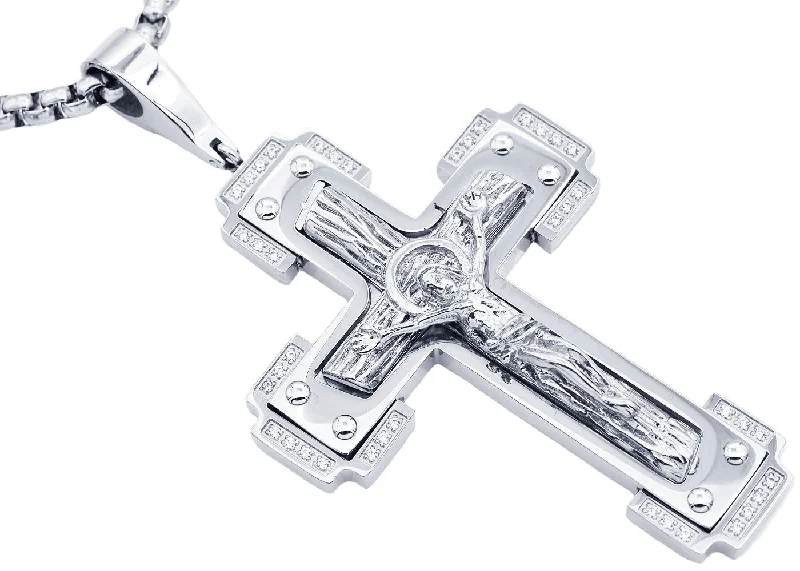 Silver-plated necklace for women-Mens Stainless Steel Crucifix Pendant Necklace With Cubic Zirconia