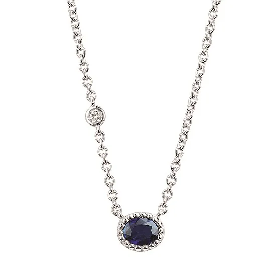 Wedding necklace for women-14K White Gold 0.48ctw Oval Blue Sapphire & Diamond Necklace