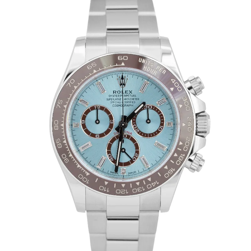 Casual wristwatches for women-NEW 2024 PAPERS Rolex Daytona GLACIER BLUE BAGUETTE 40mm Platinum 126506 BOX