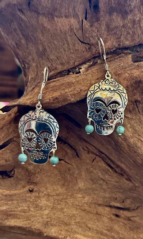 Gemstone stud earrings for women-LAS CALAVERAS Mexican Sterling Silver & Turquoise Frida Kahlo Folk Skull Earrings