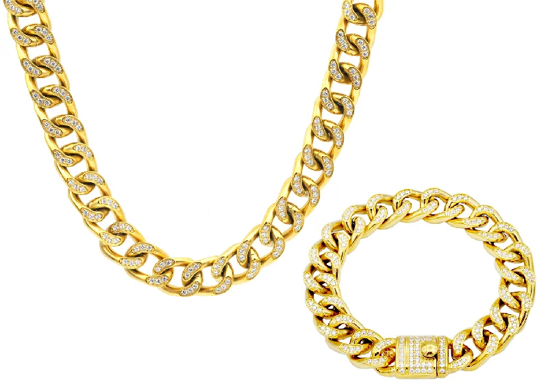 Cross necklace for women-Mens Gold Plated Stainless Steel Curb Link Chain Set With Cubic Zirconia