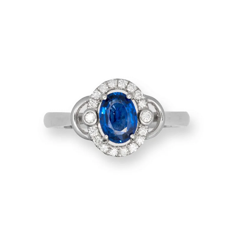 Unique engagement rings with diamonds for women-Oval Blue Sapphire and Diamond Halo Ring, 14K White Gold