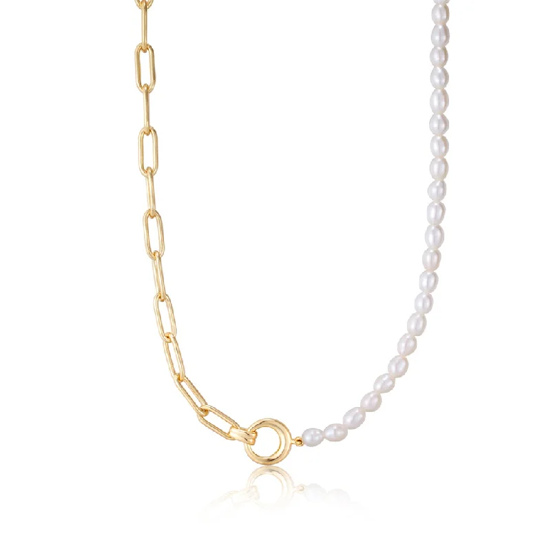 Holiday necklace for women-Gold Plated Pearl Strand & Paperclip Chain Necklace by Ania Haie