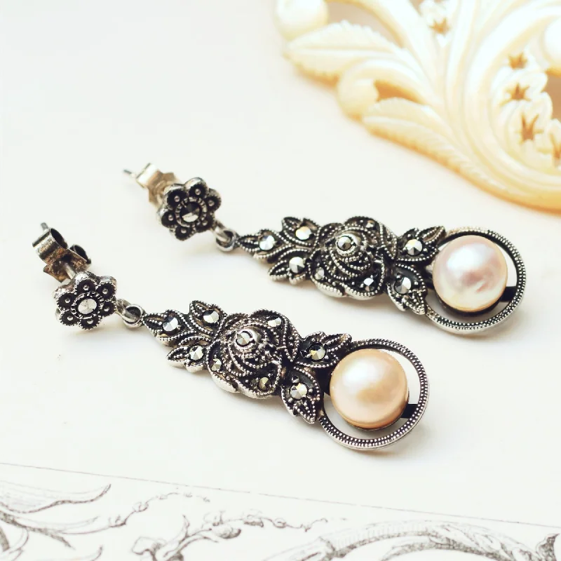 Heart-shaped earrings for women-Vintage Silver, Marcasite & Pearl Earrings