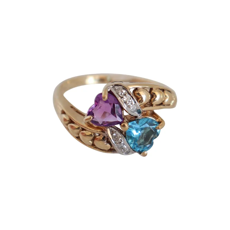 Sparkling engagement rings for women-Heart Shaped Blue Topaz and Amethyst Ring with Diamonds set in Gold