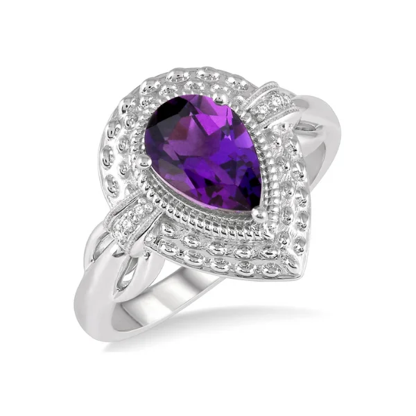 Engagement rings with tanzanite for women-1/50 ctw Pear Shape 9x6mm Amethyst & Round Cut Diamond Semi Precious Ring in Sterling Silver