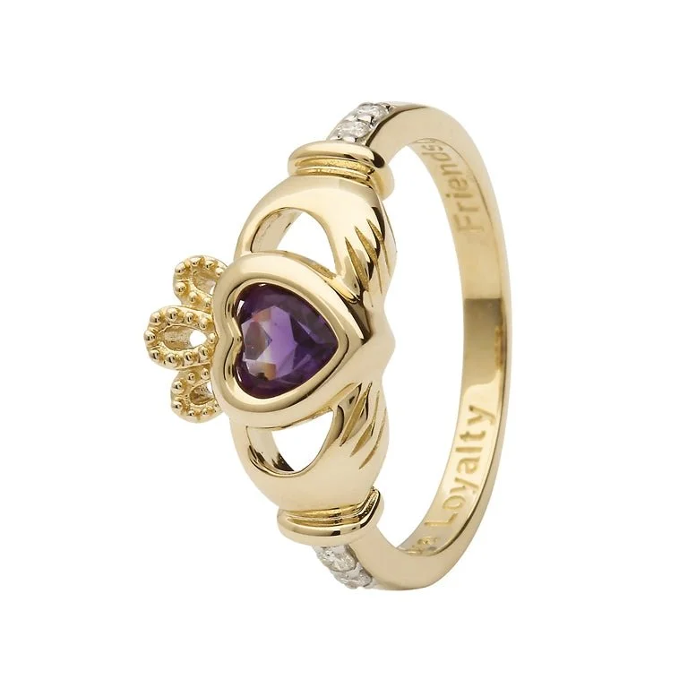 Bridal engagement rings for women-14K Gold Claddagh February Birthstone Ring Genuine Amethyst and Diamonds - 14L90AY