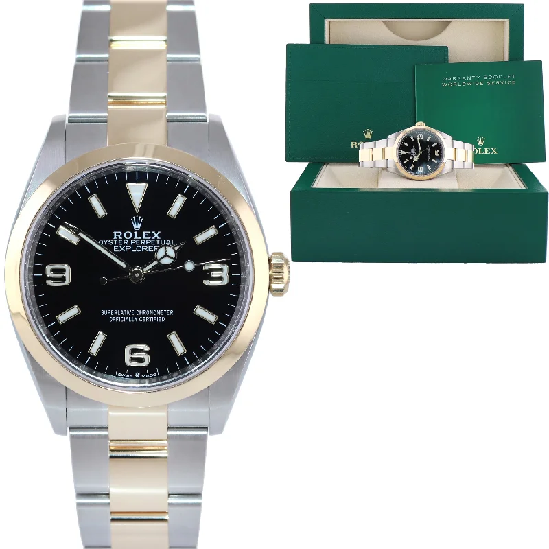 Oversized wristwatches-2023 MINT Rolex Explorer Black Steel Two Tone Yellow Gold 36mm 124273 Watch Box