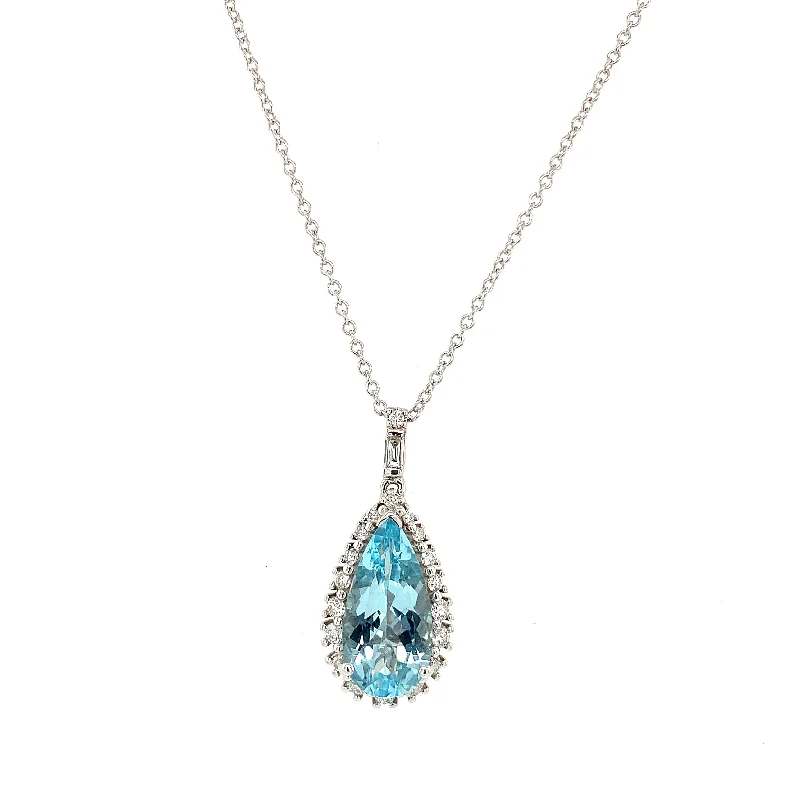 Colorful beaded necklace for women-Aquamarine and Diamond Pendant in White Gold