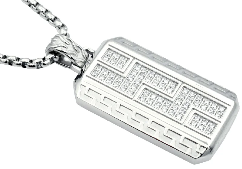 Gold necklace for women-Mens Stainless Steel Greek Key CZ Dog Tag Pendant Necklace With 24" Round Box Chain