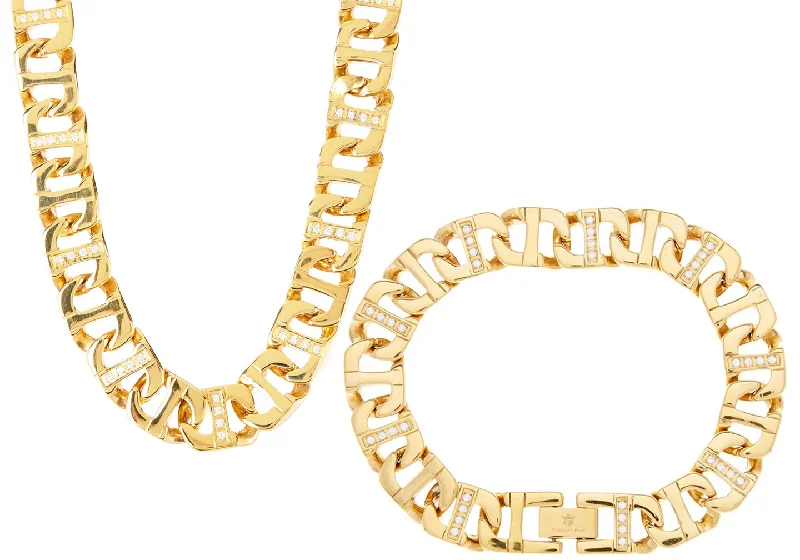 Trendy necklace for women-Mens Gold Stainless Steel Anchor Link Chain Set With Cubic Zirconia