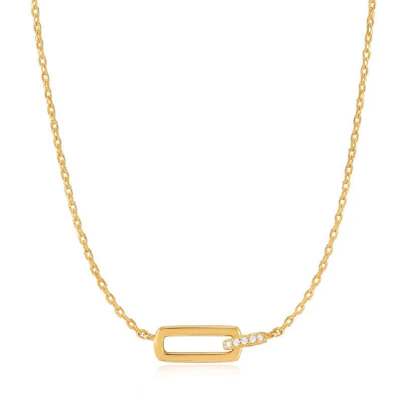 Simple pendant necklace for women-Gold Plated Cubic Zirconia Interlocking Paperclip Link Necklace by Ania Haie