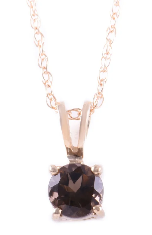 Stylish pendant necklace for women-14K Yellow Gold 5mm Smoky Quartz Solitaire Necklace