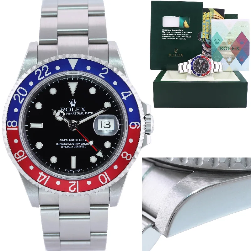 Military style wristwatches-MINT 2005 PAPERS Rolex GMT-Master II 2 Pepsi Blue Steel 16710 No Holes Watch Box